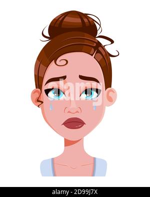 Stock-Vektor. Gesichtsausdruck der schönen Frau, weinen. Weibliche Emotionen. Niedliche Zeichentrickfigur in flachen Stil. Vektorgrafik Stock Vektor
