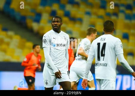 KIEW, UKRAINE - 3. NOVEMBER 2020: Marcus Thuram in Aktion während des Fußballspiels der Gruppe B der UEFA Champions League FC Shakhtar gegen Borussia Mšnche Stockfoto