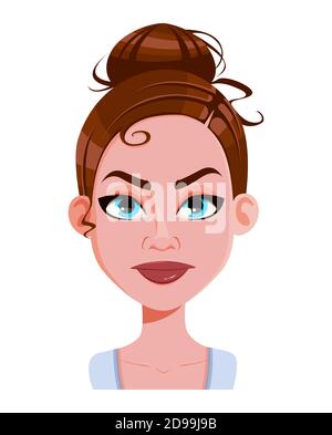Stock-Vektor. Gesichtsausdruck der schönen Frau, enttäuscht. Weibliche Emotionen. Niedliche Zeichentrickfigur in flachen Stil. Vektorgrafik Stock Vektor