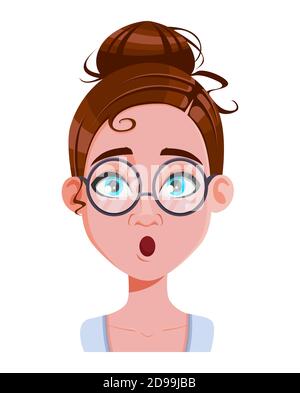 Stock-Vektor. Gesichtsausdruck der schönen Frau, überrascht. Weibliche Emotionen. Niedliche Zeichentrickfigur in flachen Stil. Vektorgrafik Stock Vektor