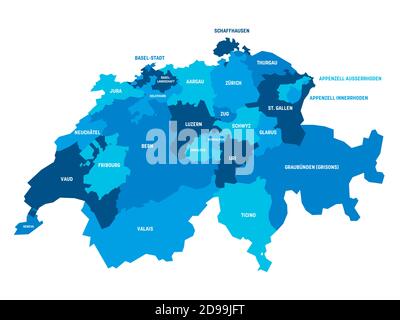 Blaue politische Karte der Schweiz. Verwaltungsabteilungen - Kantone. Einfache flache Vektorkarte mit Beschriftungen. Stock Vektor