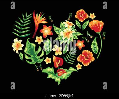 Herz mit tropischen Blättern und Blüten auf schwarz. Stock Vektor