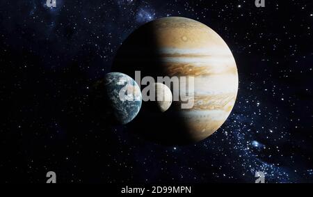 3D-Rendering von 3 Planeten, Jupiter Erde und Mond auf schwarzem Sternhintergrund. Elemente dieses Bildes, die von der NASA eingerichtet wurden. Stockfoto