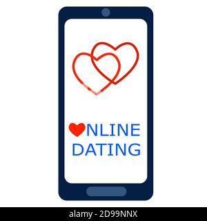 Online-Dating-Konzept. Smartphone mit zwei Herzen auf dem Bildschirm. Mobile Anwendung für Fernbeziehungen. Vektorgrafik. Stock Vektor