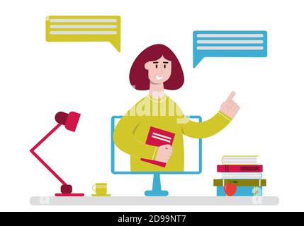 Konzept der Online-Bildung, Studium und Homeschooling. Online-Lehrer erzählen von Computer-Monitor. Schüler oder Studenten zu Hause Arbeitsplatz. Vektorgrafik im flachen Stil. Stock Vektor