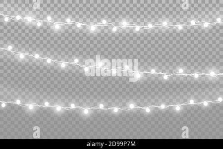 Weihnachtslichter auf transparentem Hintergrund. Realistische silberne Girlanden. Leuchtmittel für Grußkarte oder Poster. Helle, leuchtende Elemente. Vektor Stock Vektor