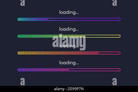 Ladebalken eingestellt. Darstellung der Fortschrittsanzeige. Statuserfassung wird geladen. Helle Linien in Farbe. Gradient Web Design Elemente auf dunklem Hintergrund. Vektor Stock Vektor