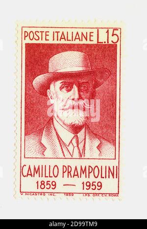 1959 : das italienische Postholz zum 100. Jahrestag des italienischen Politikers CAMILLO PRAMPOLINI ( 1859 - 1930 ) , Reformführer von P. S. I . ( Partito Socialista Italiano ) - SOCIALISMO EVANGELICO - Deputato al Parlamento - POLITICO - sinistra - francobollo postale ---- Archivio GBB Stockfoto