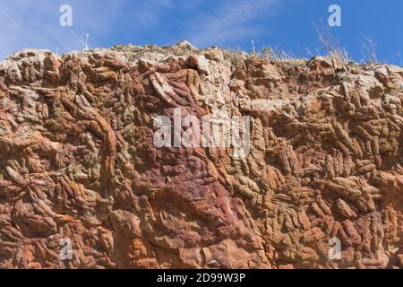 Trilobiten-Pfad in Stein versteinert mit blauem Himmel oben, Hintergründe und Texturen Stockfoto