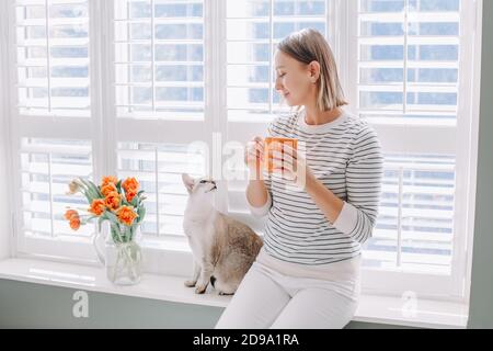 Schöne glückliche Frau mittleren Alters sitzt auf Fensterbank zu Hause und Blick auf Katze. Junge Frau mit kurzen Haaren Tee aus der Tasse trinken und spielen mit Stockfoto