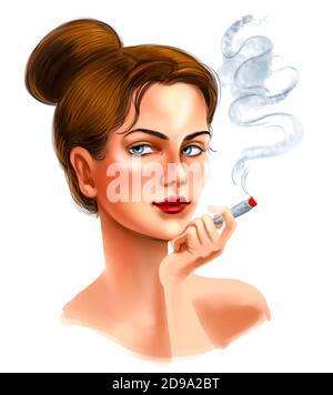 Hübsche Frau, die Marihuana-Joint raucht. Digitale Illustration Stockfoto