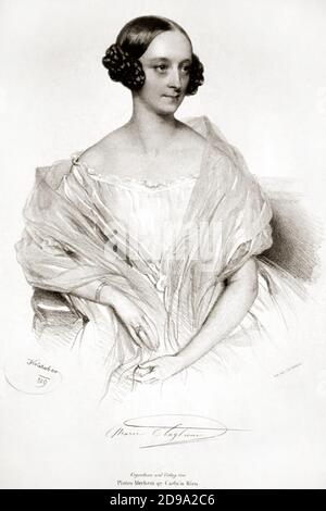 1839 Ca , Wien , ÖSTERREICH : die berühmte italienische Prima Ballerina MARIA TAGLIONI (1804 - 1884 ). Porträtstich des Malers Kriehuber, veröffentlicht von Pietro Mechetti, Wien. Taglioni wurde im schwedischen Holm als Sohn des italienischen Choreographen Filippo Taglioni und der schwedischen Tänzerin Sophie Karsten geboren. Marie wurde als Tanzeuse berühmt, als ihr Vater (und Lehrer) Für sie wurde das Ballett La Sylphide (1832) kreiert.- BALLERINA - TÄNZERIN - BALLETT - BALLETTO - DANZA - TANZ - DIVA - DIVINA - TEATRO - THEATER - THEATER - DIVA - DIVINA -Marie Taglioni - incisione - PORTRAIT - RITRATTO - chignon Stockfoto