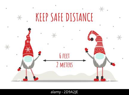Behalte die soziale Distanz zu Weihnachten. Niedliche Gnome tragen eine schützende Gesichtsmasken von Coronavirus. Stock Vektor
