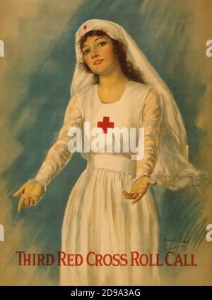 1918, USA: Dritter Rotes Kreuz Roll Call. Plakat des Malers Illustrator Haskell Coffin . Poster mit einer Krankenschwester des Roten Kreuzes, die ihre Hände aushält. - Amerikanisches Rotes Kreuz - KREUZ ROSSA - Ferito - gesegnet - ERSTER WELTKRIEG - erster Weltkrieg - PRIMA GUERRA MONDIALE - Grande Guerra - erster Krieg - foto storiche storica - locandina - Poster - Gravur - incisione - Illustration - illustrazione - GESCHICHTE FOTOS - Manifest - AFFICHE - crocerossina - Krankenschwestern ---- Archivio GBB Stockfoto