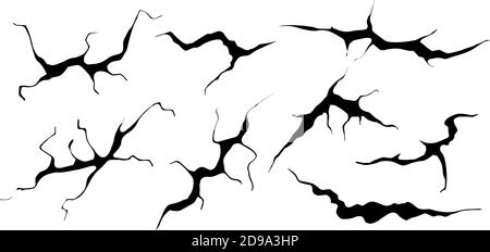 Bodenrisse gesetzt. Erdbeben und Bodenrisse, Lochwirkung, Craquelure und beschädigte Wandstruktur. Vektor-Illustrationen Erdbeben, Absturz, Zerstörung Stock Vektor