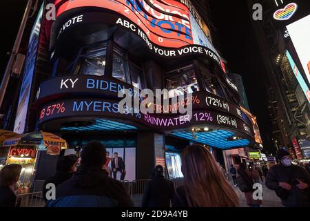 New York, New York, USA. November 2020. Die Menschen auf dem Times Square sehen zu, wie die vorgezogenen Wahlen zurückkehren Kommen Sie herein. Quelle: Joseph Reid/Alamy Live News Stockfoto