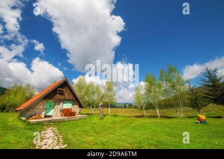 Donja Brezna, Montenegro - 5/24/2019 - Rustikale Gästehäuser umgeben von Natur im Frühling Stockfoto