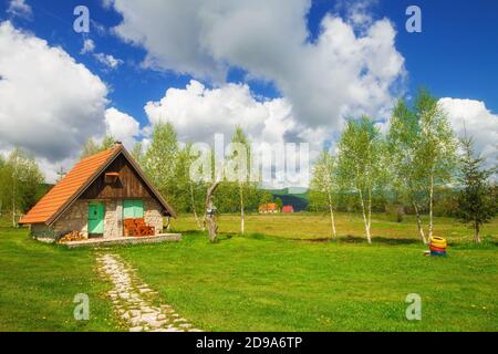 Donja Brezna, Montenegro - 5/24/2019 - Rustikale Gästehäuser umgeben von Natur im Frühling Stockfoto