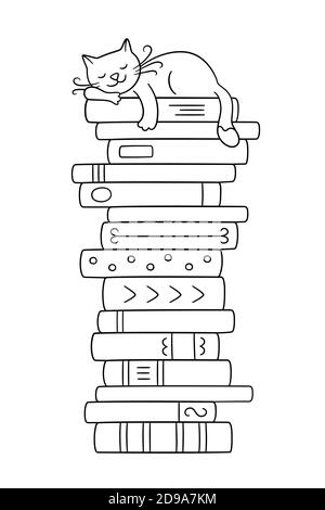 Ein Stapel Bücher mit einer schlafenden Katze. Niedliche Kitty schlafen auf Bücher Haufen. Vektorgrafik Stock Vektor