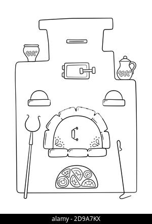 Handgezeichneter traditioneller russischer Ofen mit Griff, Töpfen, Poker und Brennholz. Vektorgrafik Stock Vektor