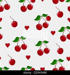 Struktur für Kinder. Nahtloser Hintergrund mit Kirschen und Herzen. Grüne Blätter und rote Herzen. Schöner Hintergrund Stock Vektor
