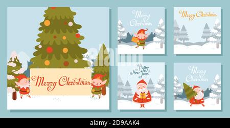 Set von Weihnachten quadratische Illustrationen mit Santa und Elfen. Winterlandschaft Stock Vektor