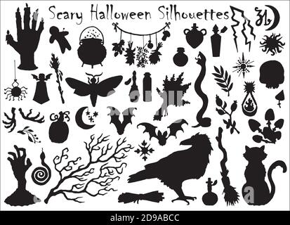 Halloween Set mit traditionellen gruseligen Silhouetten von Krähe, Kürbis, Katze und andere. Handgezeichnete Vektorgrafik Stock Vektor