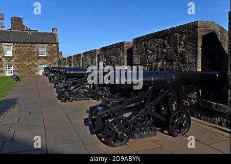Eine Reihe von alten Kanonen, die über die Wände zeigen Des historischen Stirling Castle, Schottland Stockfoto