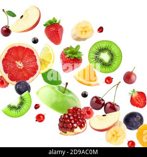 Gemischte Früchte auf weißem Hintergrund. Herabfallende Früchte. Stockfoto