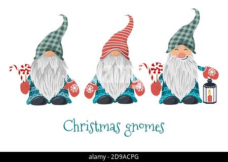 Isolierte Weihnachtsgnome mit Lollipop und Laterne mit Kerze. Vektor Stock Vektor