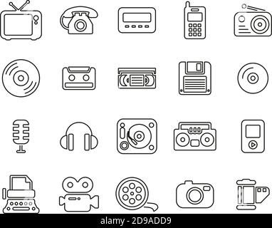 Old Technology Icons Schwarz & Weiß Thin Line Set Groß Stock Vektor