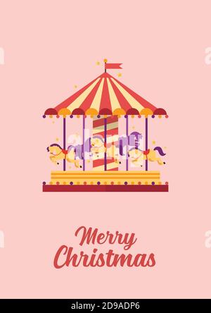 Frohe Weihnachten Grußkarte bunte Karussell mit Pferden. merry-go-round. Funfair Karneval Vektor Illustration Stock Vektor