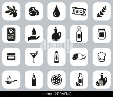 Olive & Olive Oil Icons Schwarz & Weiß Flat Design Groß Einstellen Stock Vektor