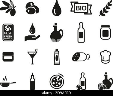 Olive & Olivenöl Icons Schwarz & Weiß Set Groß Stock Vektor
