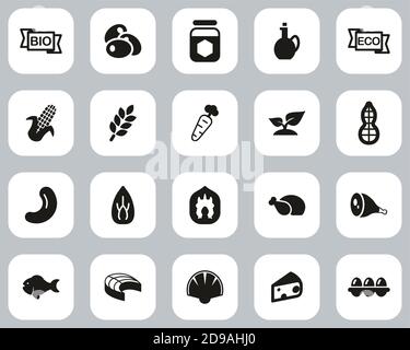 Bio Food Icons Schwarz & Weiß Flat Design Set Groß Stock Vektor