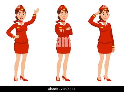 Stewardess in verschiedenen Posen. Weibliche Figur im Cartoon-Stil. Stock Vektor