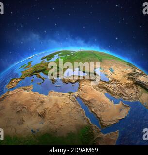 Oberfläche des Planeten Erde von einem Satelliten aus betrachtet, fokussiert auf Europa und den Nahen Osten. Physische Karte der Welt. Von der NASA eingerichtete Elemente Stockfoto