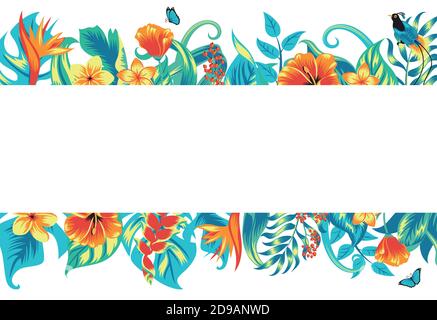 Banner mit tropischen Blättern, Blumen und einem Vogel. Stock Vektor