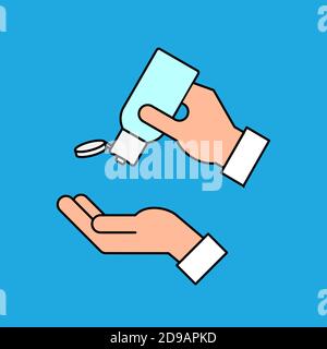 Trockene Hände mit antiseptischem Produkt waschen. Hände mit dem Farbsymbol für das kleine tragbare Desinfektionsmittel-Gel. Desinfektion menschliche Handflächen. Vektorgrafik, flach. Stock Vektor