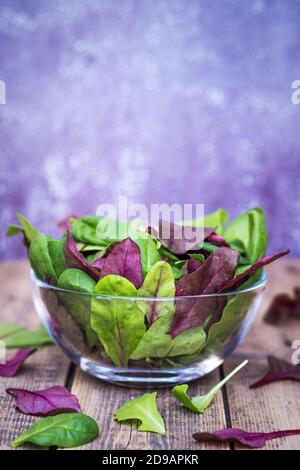 Gemischte Salatblätter in einer Glasschale auf Holzgrund. Stockfoto