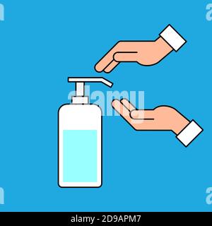 Händedesinfektionszeichen oder -Symbol. Hände, die die Pumpe der Desinfektionsflasche verwenden. Händewaschen Konzept. Flüssigseife. Farbsymbol auf blauem Hintergrund. Vektor Stock Vektor