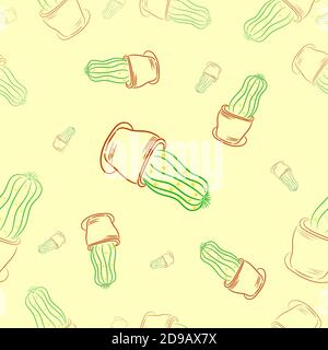 Nahtloses Muster. Lineare Zeichnung des Kaktus. Kaktus in einem Topf. Zimmerpflanze. Gartenarbeit.Isoliert. Vektor Stock Vektor