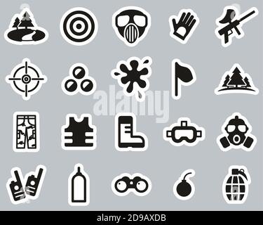 Paintball Spiel & Paintball Ausrüstung Icons Schwarz & Weiß Aufkleber Groß Einstellen Stock Vektor