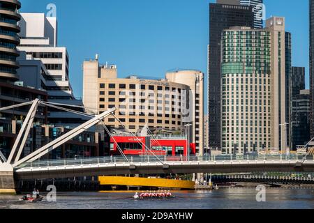 Ruderer auf dem Yarra River vor der Skyline von Melbourne. Stockfoto