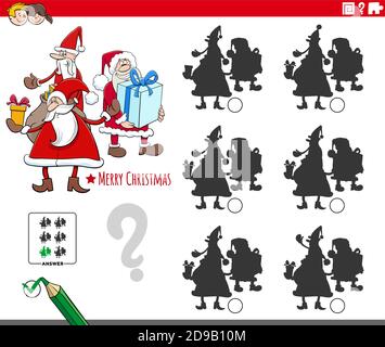 Cartoon Illustration der Suche nach dem Schatten ohne Unterschiede pädagogische Spiel Mit Santa Claus Zeichen Stock Vektor
