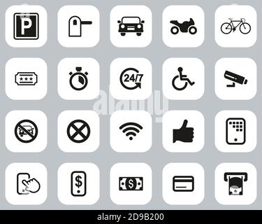 Parkplatz Oder Parkplatz Icons Black & White Flat Design Groß Einstellen Stock Vektor