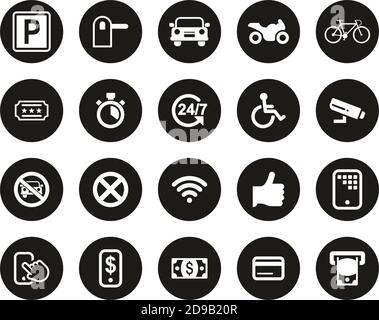 Parkplatz Oder Parkplatz Icons Weiß Auf Schwarz Flat Design Kreis Groß Stock Vektor