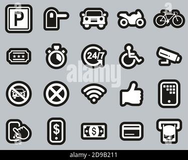 Parkplatz Oder Parkplatz Icons Weiß Auf Schwarz Aufkleber Set Groß Stock Vektor