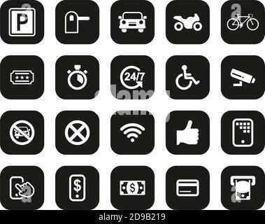 Parkplatz Oder Parkplatz Icons Weiß Auf Schwarz Flat Design Groß Einstellen Stock Vektor