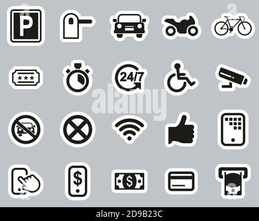 Parkplatz Oder Parkplatz Icons Schwarz & Weiß Aufkleber Set Groß Stock Vektor